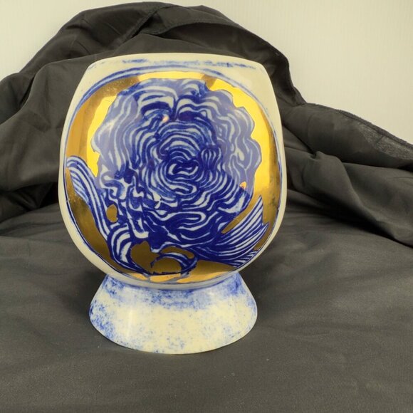 ANTHROPOLOGIE Ruan Hoffmann Jardin des Plantes Ceramic Blue & Gold White Vase - Picture 10 of 12